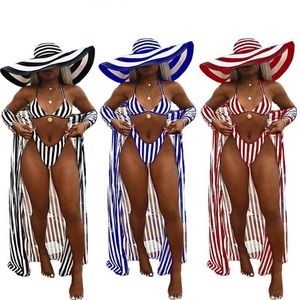 Traje de baño de mujer a rayas 3 piezas Bikinis Conjuntos Mujeres Sexy Halter Bra Breif Camisa de cubierta larga Traje de baño de verano Ropa de playa Ropa de vacaciones góticas 230707