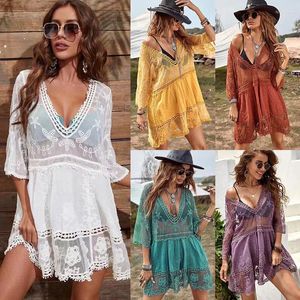 Maillots de bain pour femmes WeHello Col V profond Boho Beach Sortie Sheer Sexy Dentelle Cover Up Tunique Paréo Robe d'été Courte Vacances