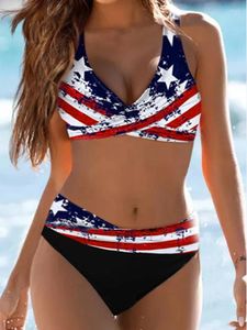 Swimwear féminin Femmes High Waited Bikini Set Halter Neck Lace Up Two Piece Massuit Twist Twist Front Bathing Flear American Flag Star Imprimé