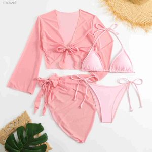 Traje de baño para mujer Conjunto de bikini micro mini de color rosa para mujer, 4 piezas con cubierta de malla, tops y falda, traje de baño, traje de baño, trajes de playa, biquini YQ240124