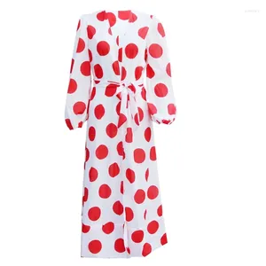 Traje de baño para mujer Mujeres Puff manga larga gasa kimono cardigan bikini traje de baño cubrir vintage rojo gran lunares con cinturón bech maxi vestido