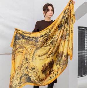 Traje de baño de las mujeres Wrap Silk Touch Cape Scarf Bandana Long Shawl Satin Hijab Beach Bikini Cover Ups Paisaje chino Pintura Print 180 * 90cm