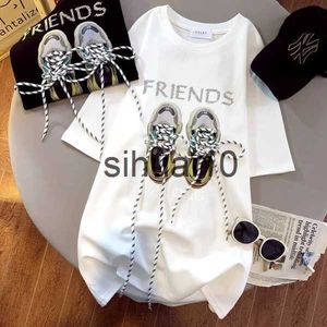 T-shirt femme 100% pur coton Design T-shirt mi-long blanc à manches courtes Chaussures femme avec demi-manches Fat Sister Top amincissant J230627