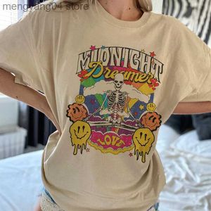 Camiseta de mujer 70s Retro Skeleton Art Psychedelic T Shirt Mujeres de manga corta de gran tamaño Boho Vintage Estética Camiseta Witch Top Hippie Ropa T230510