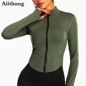 Aiithuug T-shirt pour femme Aiithuug pour femme avec fermeture éclair intégrale Yoga Top Workout Running Vestes avec trous pour les pouces Stretchy Fitted Long Sleeve Crop Tops Activewear 230615