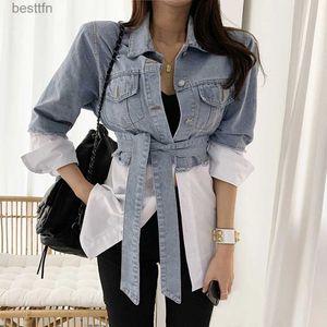 T-shirt Femme Bouton Up Patchwork Long Denim Tops Femmes 2021 Printemps Eté Automne Nouvelle Mode OL Casual Jeans Chemises Fe Pas Cher En Gros 240311