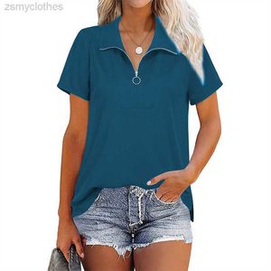 T-Shirt Femme Mode Fileté Revers Fermeture Éclair Épissage Tops Femme Printemps Été T-Shirt À Manches Courtes Femmes Couleur Unie Lâche Urbain Casual T-shirts