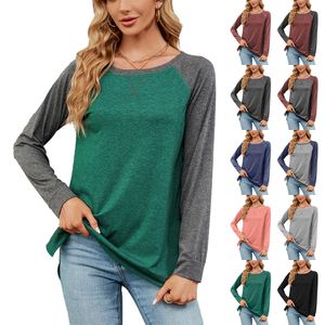 T-shirt femme mode femmes automne couleur bloc couture col rond manches longues simili cuir haut vêtements