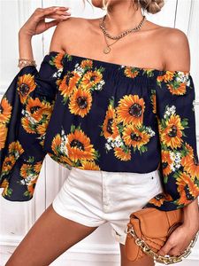 Camiseta de mujer Floral Camisas sueltas Mujer Moda Verano Boho Blusa Hombro Tops Camisa Vintage Manga acampanada Flor Top Tee J230215