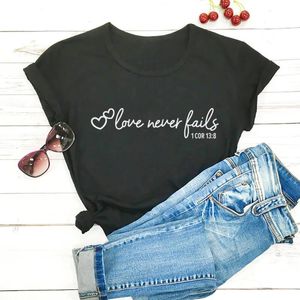 Camiseta de mujer Love Never Fails, camisetas de algodón para mujer, camiseta con eslogan cristiano, camiseta informal de manga corta con cuello redondo Faith