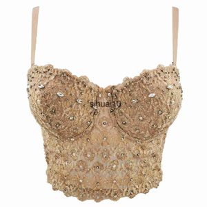 Camiseta de mujer Club nocturno de lujo Sexy Golden Corset Rhinestones Camis Mujer Bustiers Beads Lace Debardeur Mujeres Binder Corset Top Bra Bodycon J230627