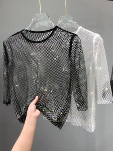 T-Shirt Femme Mesh Diamond Crystal Coat Diamond Ultra Fairy Inside Take Party Bling Hollow-out Render Unlined Upper Garment and Shiny T Shirt 230515