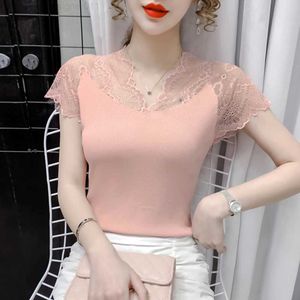 Camiseta para mujer Nueva blusa de encaje para mujer Camisa corta floral Blusas con fondo Fe S-3XL Tops más baratos Camiseta Kaii Negro Blanco Cian Rosa L24312