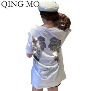 T-shirt Femme Qing Mo Noir Blanc Femmes Wing T-shirt imprimé 2021 Été Strass Femme Lettre Plus Taille ZQY3753