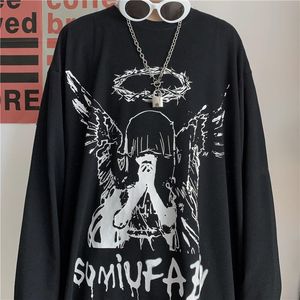 T-shirt Femme QWEEK Harajuku Gothic Angle Print 2021 Streetwear Manches longues Tops noirs Alt Vêtements Pastel Mall Goth Trendy