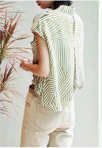T-shirt Femme Top en soie Femmes 2022 Été Vert Noeud rayé Lâche Chemise décontractée à manches courtes de haute qualité pour femmes