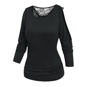 Camiseta para mujer Sólido Negro Damas Top Hombro Frío Flor Encaje Insertar Faux Twinset Mujeres Causal 2 en 1 Tee Streetwear 3XLMujeres