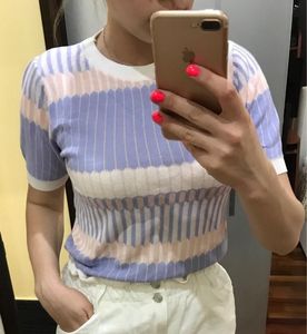 Camiseta de mujeres Summer Summer Stripe Tops Mujeres cortas Ruffles Puérzamientos O-Chovers Jumper Sweaters de punto de punto Multicolorwomen