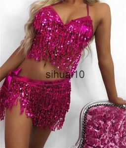 T-shirt Femme Soutien-Gorge De Danse Du Ventre Femme Haut Halter Bling Col En V Dos Nu À Lacets Sequin Fringe Crop Top Party Clubwear Beach Rave Festival Top J230627