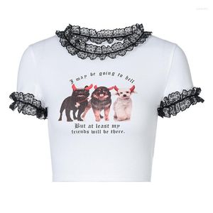 T-Shirt Femme Dentelle Garniture Chien Imprimé Y2K Crop Top Élégant Manches Courtes Tops Shopping Daily Wear Kawaii E-Girl Vêtements Été