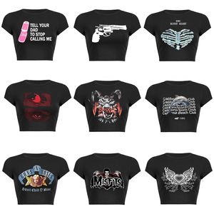 Camiseta de mujer Y2k Sexy Punk Vintage Gothic Black T Shirt 2000s Ropa para mujer Moda de Halloween Crop Top O-cuello Camiseta de manga corta Streetwear 230612