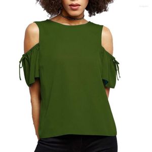 Camisetas de mujer 2022 verano chifón con hombros descubiertos cuello redondo Color verde sólido camisetas de talla grande 5XL 6XL camisa femenina camisetas de manga corta