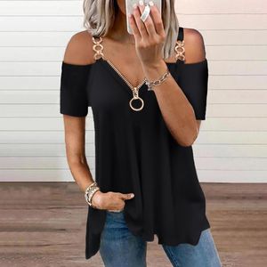 Camisetas de mujer 2022, blusa de manga corta negra lisa con hombros descubiertos y cadena a la moda de verano para mujer, camiseta informal con cremallera en la parte delantera