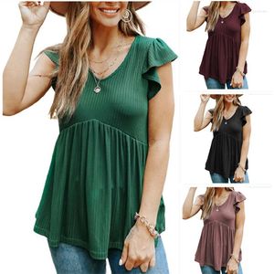 Camisetas para mujer 2023 talla grande con cuello en V y manga con volantes blusa sólida para mujer verano Babydoll Top 3xl 4xl blusas coreanas informales para mujer grande