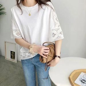 T-shirts pour femmes 2024 Patchwork coréen Patchwork Patchwork Coton T-shirt pour le pliant solide Sleeve de chauve-souris O Top d'été