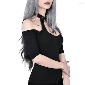 Camisetas de mujer Black Dark Goth Woman Sexy T-shirts 2023 Lady Halter Off Shoulder Big Hollow Out Backless camiseta Gothic Chic Punk Iron Ring