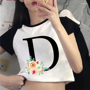 T-shirts pour femmes Lettre noire Imprimer Fleur A-Z Alphabet Floral Graphic Crop Top pour femmes manches courtes Harajuku Fashion Trend Girl Tee