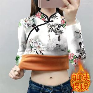 T-shirts Femmes Style chinois T-shirt en molleton à manches longues Femmes Automne Hiver Cheongsam Collier épais Chemise de base Femme Chemisier tout-match