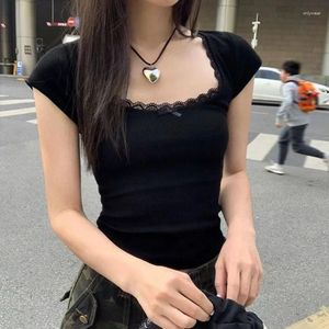 Camisetas para mujeres Deeptown Summer Y2K Crop Top Tshirts Women Harajuku Fashion Korean Lace Black Tees Vintage Estética Gyaru