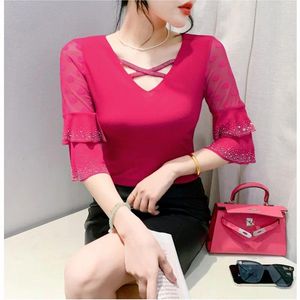 T-shirts pour femmes Tshirts européens Tshirts Femmes Sexy Ruffles Sleeve Drill Mesh Tops Elastic Tee Summer