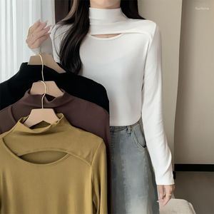 Camisetas de mujer, camiseta de moda Y2K, camiseta de lana de cuello alto para mujer, ropa Sexy con agujeros para mujer, camisetas sólidas de manga larga para mujer