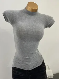 Camisetas de las mujeres camiseta de medio alto collar coreano transparente de manga corta elastic sólido sólido