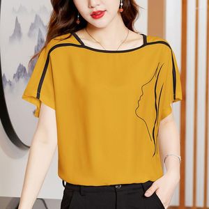 T-shirts pour femmes Chemise en mousseline de soie haut de gamme Mode féminine All Match T-shirt à manches courtes chauve-souris Style coréen Imprimé Ligne lumineuse Pulls Tops