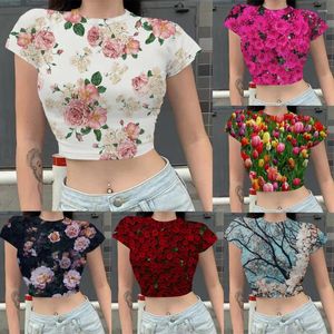 T-shirts Femmes HOXIXIB T-shirt Body Building High Taille Tops Sexy Slim Crop Top Tulip 3D Imprimer Rose Chemise Sport Kawaii Blouse Femme