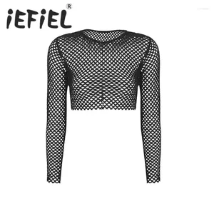 T-shirts Femmes IEFiEL Arrivée Femmes Adultes Voir à travers la résille élastique à manches longues évider Mesh Nightwear Clubwear T-shirt Cover Up