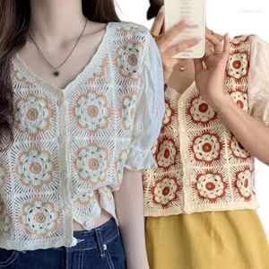 T-shirts pour femmes J78E Femmes Puff Short Sleeve Crop Top Crochet Knit Broderie Floral V-Neck Cardigan