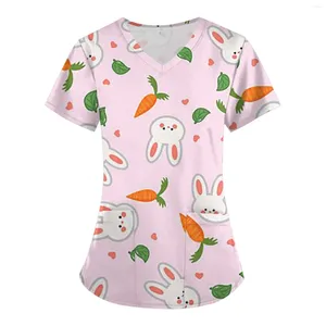 Camisetas para mujer Kawaii Mujeres Enfermeras Uniforme Túnica de Pascua Scrub Tops Blusa Conejos Zanahorias Imprimir Clínica Cuidador Enfermería protectora