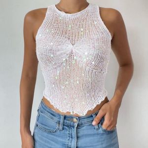 Camisetas de mujer de punto transparente con lentejuelas brillantes, camiseta sin mangas para mujer, chaleco corto calado sexy blanco, novedad de verano para mujer, ropa picante para chica