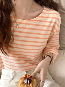 T-shirts femmes mode coréenne rayé T-shirt automne à manches longues haut ample décontracté coton femme bleu Orange S-XL