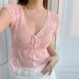 T-shirts pour femmes vêtements d'été coréensT-shirt pour filles tissu tricoté à manches courtes haut rose pull court pour femmes vêtements mignons hauts