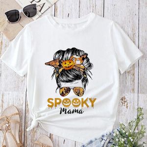 T-shirts pour femmes Maman Messy Bun Skull T-shirt Camiseta Funny Femmes Halloween Party Cadeau Tshirt Tendance Spooky Mama Summer Esthétique Top