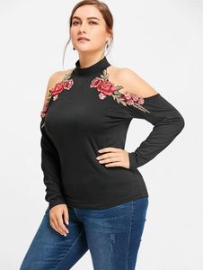 Camisetas para mujer ROSEGAL Camiseta con hombros descubiertos y bordado floral con cuello falso Tops negros de manga larga de talla grande para mujer Moda urbana
