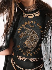 T-shirts de femmes Seeyoushy Hell plié sur une révolution Imprimé Femme Shirt Slit Classic O-Neck Side vintage Femme Summer Hip Hop Tops