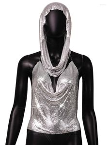 Camisetas de mujer Sexy espalda descubierta Metal lentejuelas recortadas Top mujeres 2023 diseñador de moda Club fiesta Halter camisetas mujer con bufanda Y2K plata