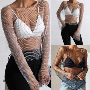 T-shirts pour femmes Sexy Glitter Strass Résille Top See-through Bikini Cover-Ups Mesh Y2K Style Manches longues Col rond pour bord de mer