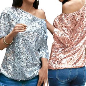 Camisetas para mujeres Sexy Women Flowing Off Shoulder Sequin Glitter Shirt Summer Casual Vintage Streetwear Party Top Pink/Silver Camiseta